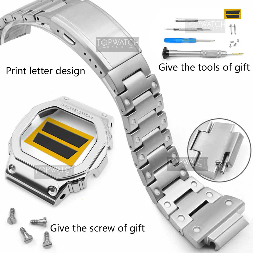 DW5600 Set Metal Watch Strap Band 316L Stainless Steel Watchband Case for GW-5000 5035 GW-M5610 5600 Belt Watch Band + Bezel LJ201118