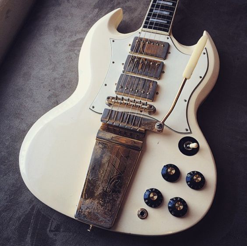 1968 Jimi SG Vintage White Double Cutaway Electric Guitar Long Version Maestro Vibrola Tremolo Bridge, Gold Hardware, Rosewood Fingerboard
1968 Jimi SG Vintage White Double Cutaway Electric Guitar Long Version Maestro Vibrola Tremolo Bridge, Gold Hardware, Rosewood Fingerboard