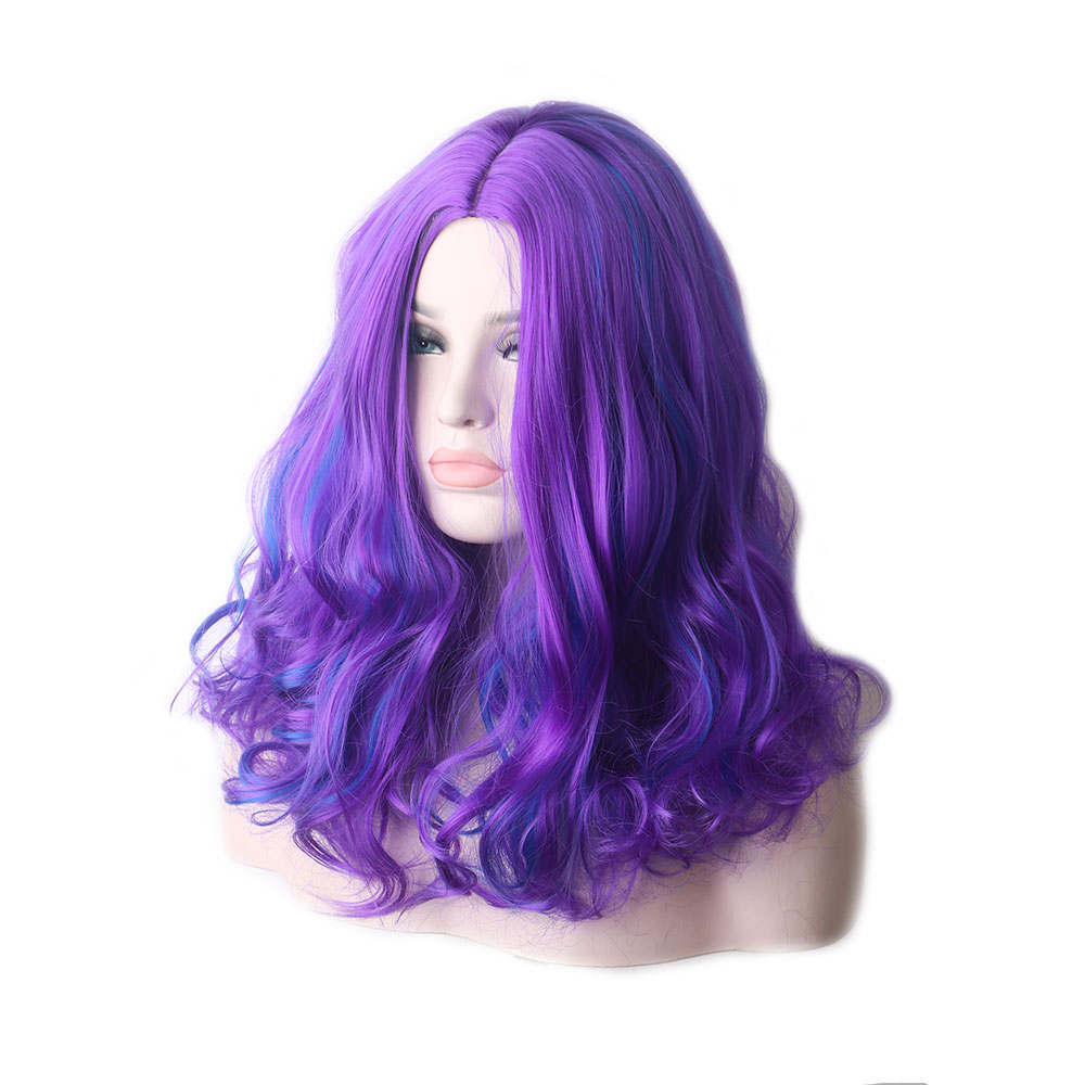 Midlle Hairline Natural Wig WoodFestival Purple Synthetic Hair Cosplay Wigs Women Ombre Wavy Colored Blue Medium Length