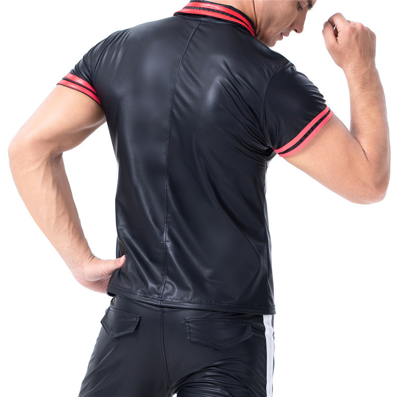 Man's Undershirts PU Leather Short Sleeve T-shrits Singlet Men Black Fitness Streetwear Party Clubwear Ropa Sexy Hombre Shirts 201009