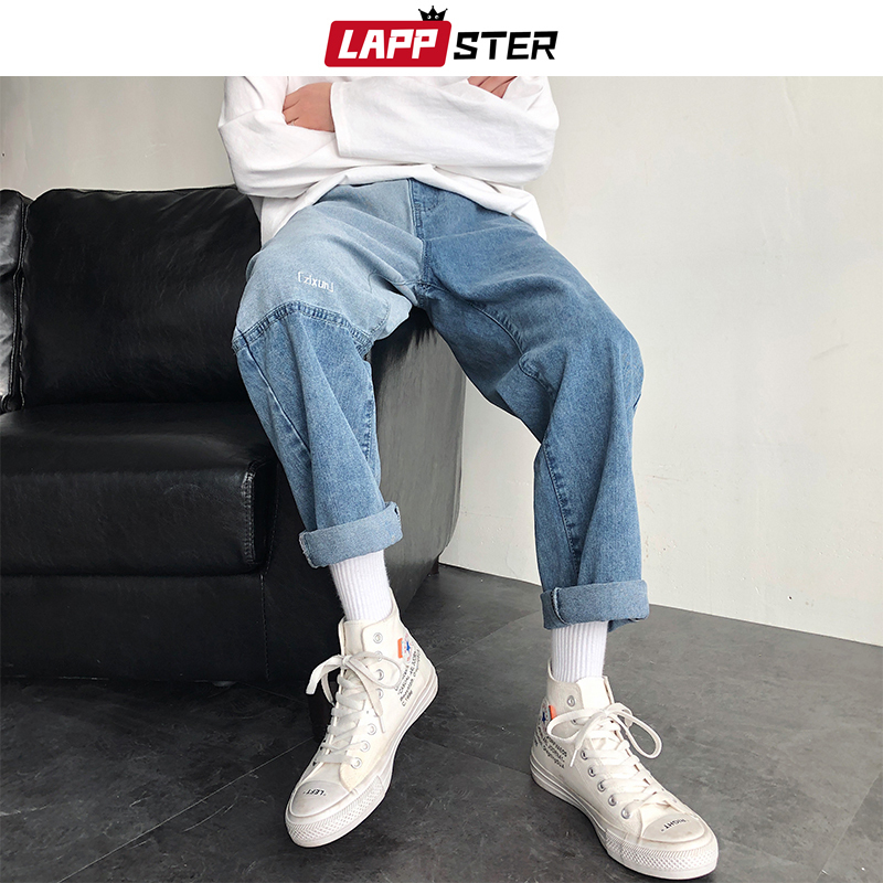 LAPPSTER Men Korean Patchwork Blue Jeans Mens Embroidery Streetwear Black Baggy Denim Pants Women Hip Hop Harem Pants INS 201111