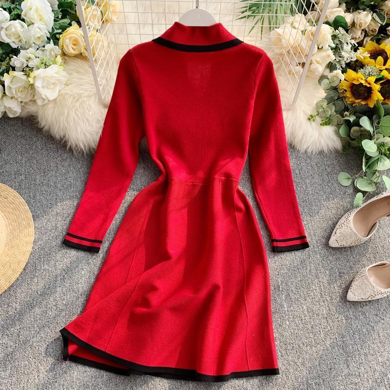 ALPHALMODA Retro Autumn Dress New Lapel Collar Longsleeved Dress Doublerow Buttondown Slim OL Casual Knit Dress T200416