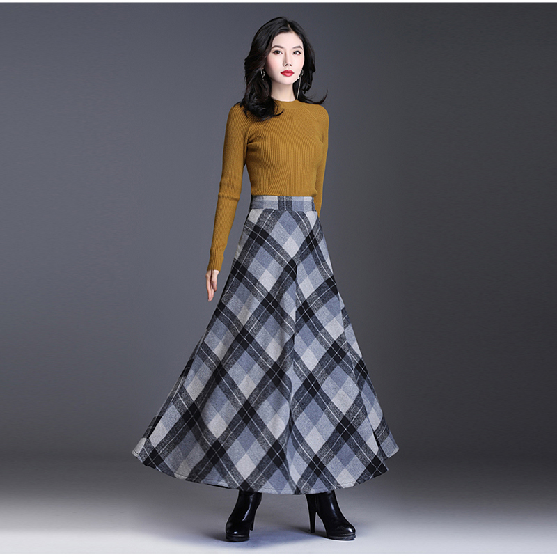 Long Plaid Skirts For Women Warm Wool Elegant High Elastic Waist Office Lady Skirt Spring Female Clothing Plus Size 3XL T200324