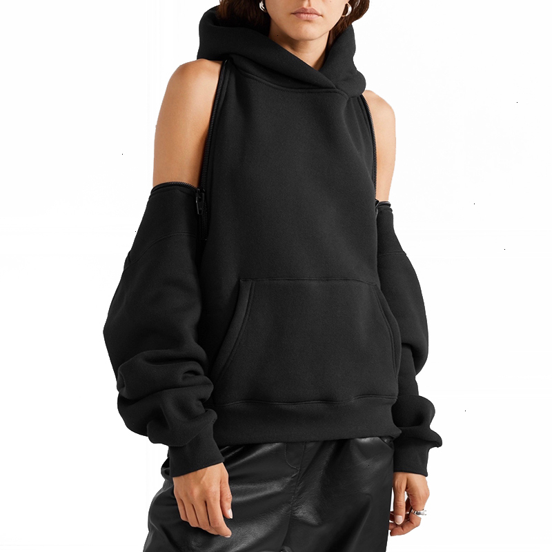 CHICEVER Black Women's Sweatshirts Hooded Long Sleeve Zipper Backless Off Shoulder Sweatshirt Spring Fashion Clothes New 201105
