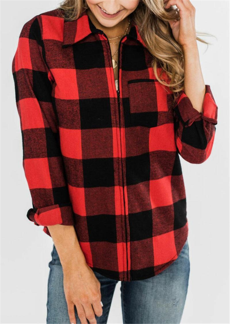 Red Plaid Coat Woman Pocket Zipper Jacket Casual Long Sleeve Top Fashion Turn-down Collar Coat Women Jacket mujer chaqueta