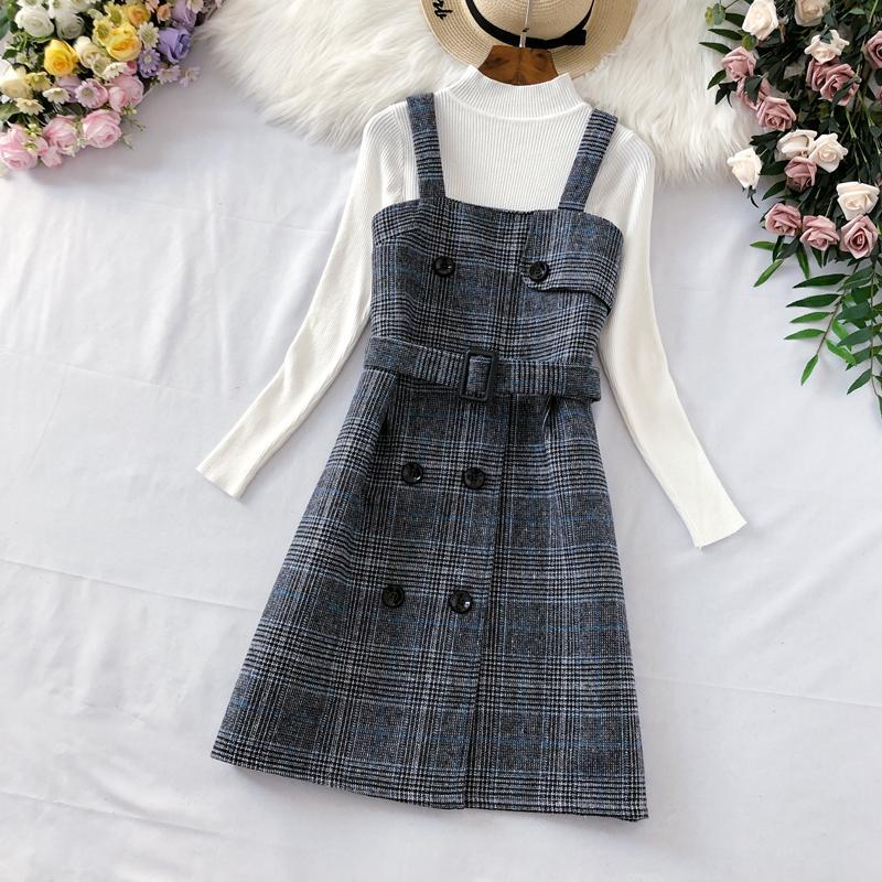 Autumn Winter New Long Sleeves Knitted Pullover Tops + Tweed Blend Plaid Short Dress 2 Piece sets Women Outfits With Belt, Only dress
Autumn Winter New Long Sleeves Knitted Pullover Tops + Tweed Blend Plaid Short Dress 2 Piece sets Women Outfits With Belt, Only dress