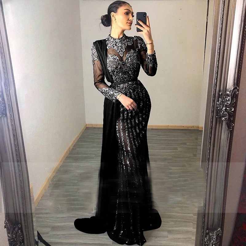Real Image Evening Dresses Luxury Crystal Sequins High Neck Long Sleeves Appliqued Lace Prom Dresses Custom Made Formal Party Pageant Gown