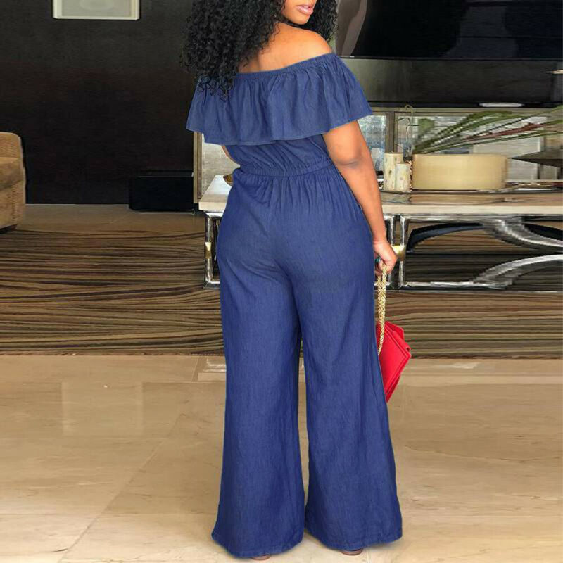 Women Off Shoulder Wide Leg Romper Jumpsuit Casual Long Trouser Overall Pants Ruffle Collar Loose Empire Jumpsuits M-4XL 201007