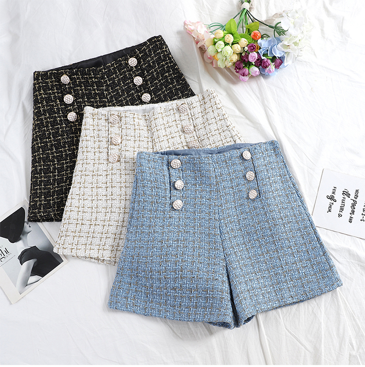 

2021 New Xiaoxiangfeng high waist wide leg women new double-breasted woolen shorts student casual pants JT6L, Black