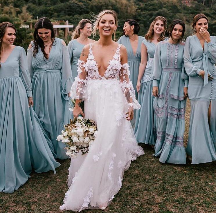 Bobo Sexy Dresses Illusion Top Long Sleeves Straps Deep V Neck D Floral Applique Custom Made Wedding Gown Vestido De Novia Estido