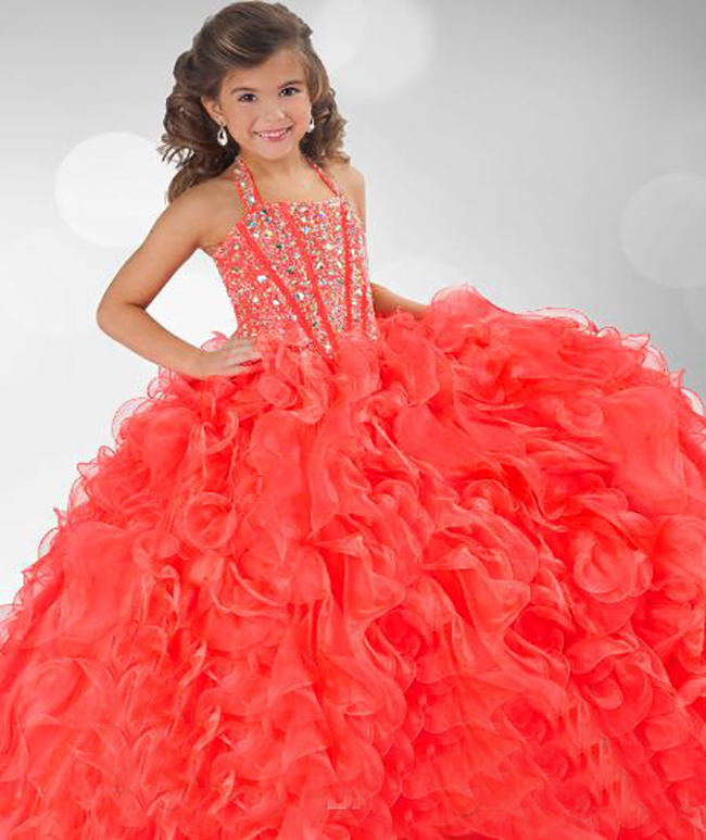 Coral Pagent Grils Halter Ball Gown Organza Crystal Beaded Little Dresses Sparkly Flower Girl's Dress Custom Made