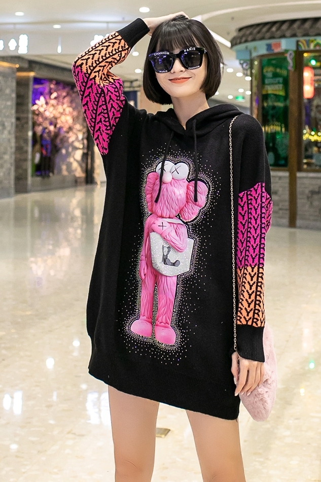 Vefadisa Diamond Cartoon Print Women Sweater Autumn Winter Thick Plus Size Patchwork Coat Hooded Pullover Knitted QYF4318 201223