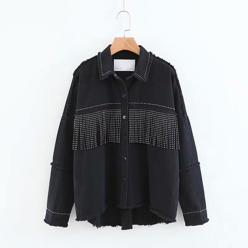 Red Vintage Shiny Rhinestone Fringed Women's Jacket Lapel Long Sleeve Single-breasted Harajuku Chic Loose Female Coat Denim Coat 201112