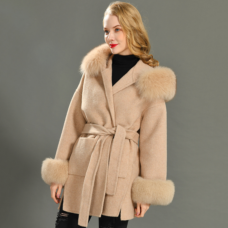 Cashmere Jacket Women Detachable Fox Fur Collar Wool Blend Coat and Jacket Belt Ladies Autumn Winter Cashmere Overcoat 201222