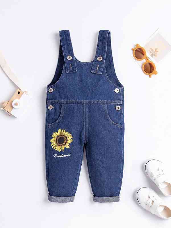 Baby Letter & Floral Print Denim Overalls SHE