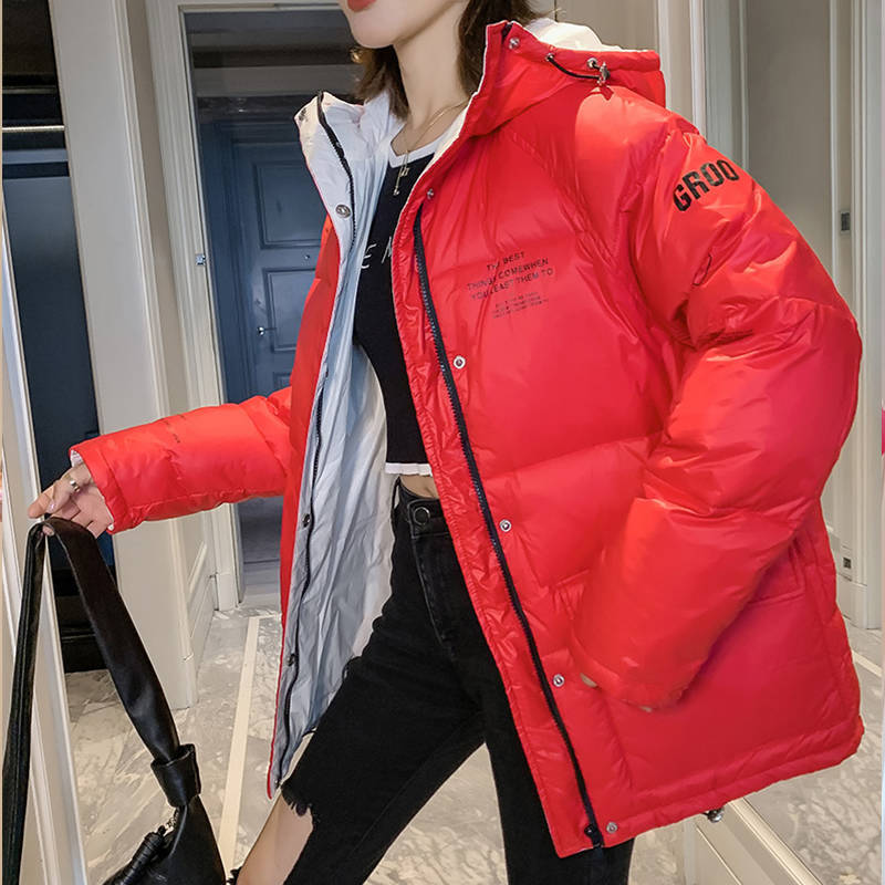 Winter Women Parkas Jacket Glossy Fashion Warm Hooded Down Cotton Coats letters Parka Zipper Padded Pocket Cold Coat 201017