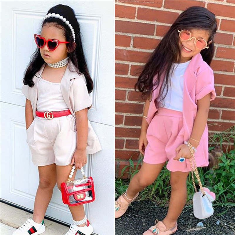 2-7T Fashion Baby Girls 3pcs suit Infant kids Clothes Sets Solid Vest Tops Short Sleeve Blazer Coat Shorts summer OutfitsX1019