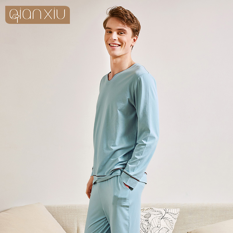 Spring Men Casual Pajama sets Male Bamboo Cotton Sleepwear suit Couples Long Sleeve t shirt & Pants Plus size Home pijamas 201109
