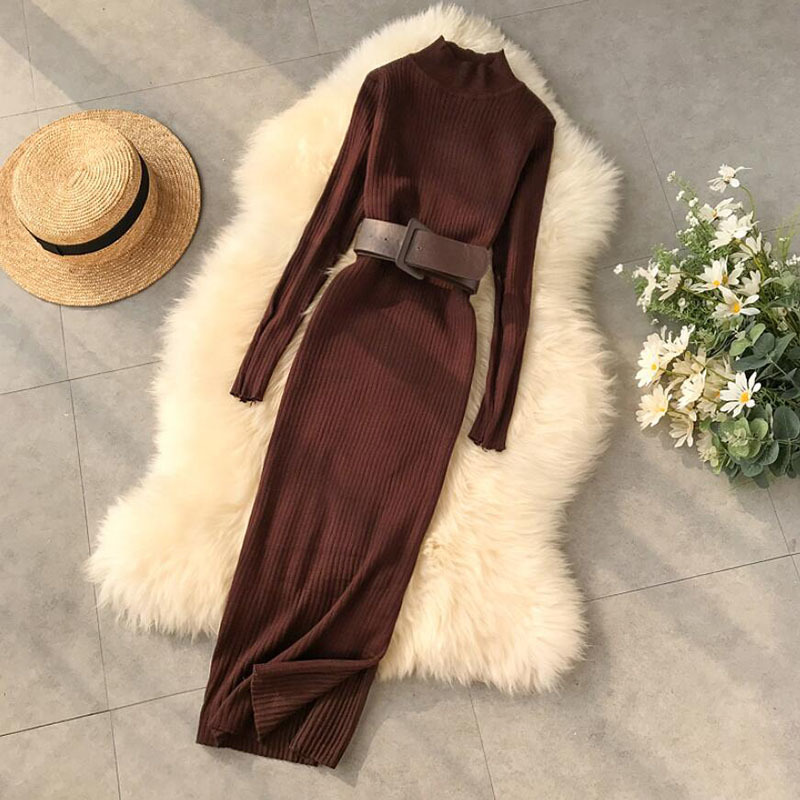 Turtleneck Sweater Dress Women Fashion Autumn Winter lady Slim Sweater Bandage Bodycon Dress Long Sleeve Knitted Dress 210521