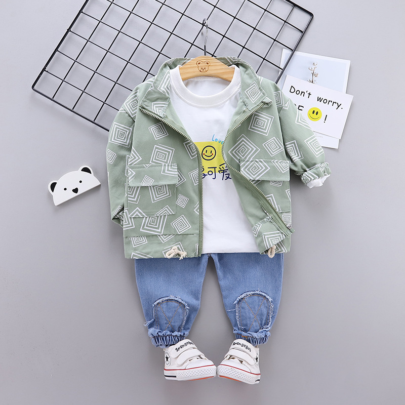 Children Fashion BOY'S Western Style Spring and Autumn Stand Collar Long Sleeve Zipper Jacket Small CHILDREN'S with Holes JeansX1019