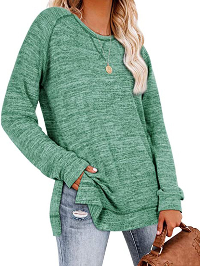Women Cotton Blouses Crew Neck Fall Long Sleeve Side Split Loose Casual Pullover Tunic Tops T Shirt