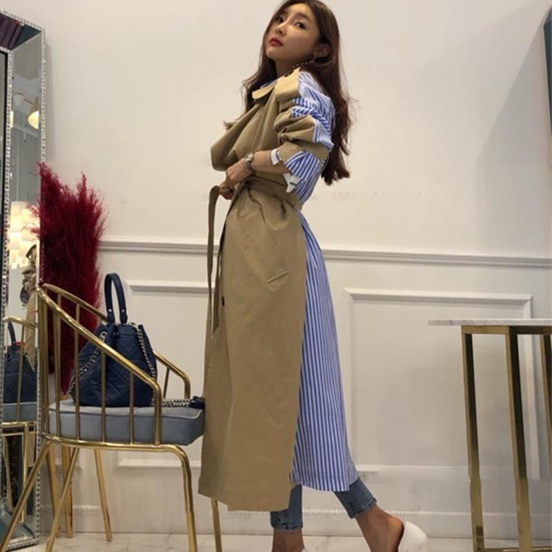 GALCAUR Striped Patchwork Windbreaker For Women Long Sleeve Lace Up Trench Coat Female Korean Fashion Autumn Oversized 201211