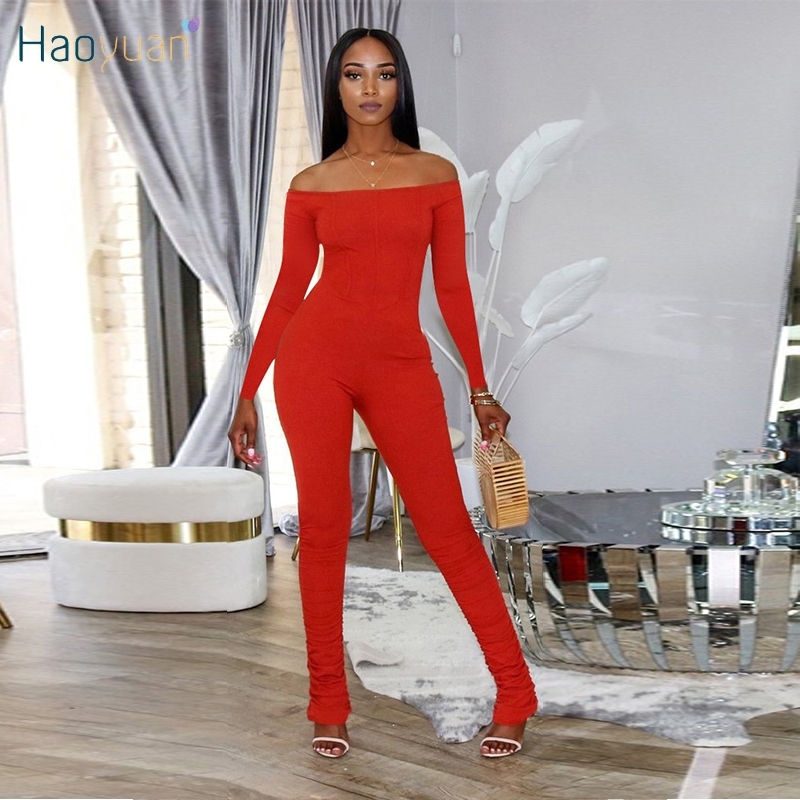 HAOYUAN Sexy Off Shoulder Long Sleeve Bodycon Jumpsuit Fall Clothes for Women Outfits One Piece Party Club Romper Stacked Pants 201007