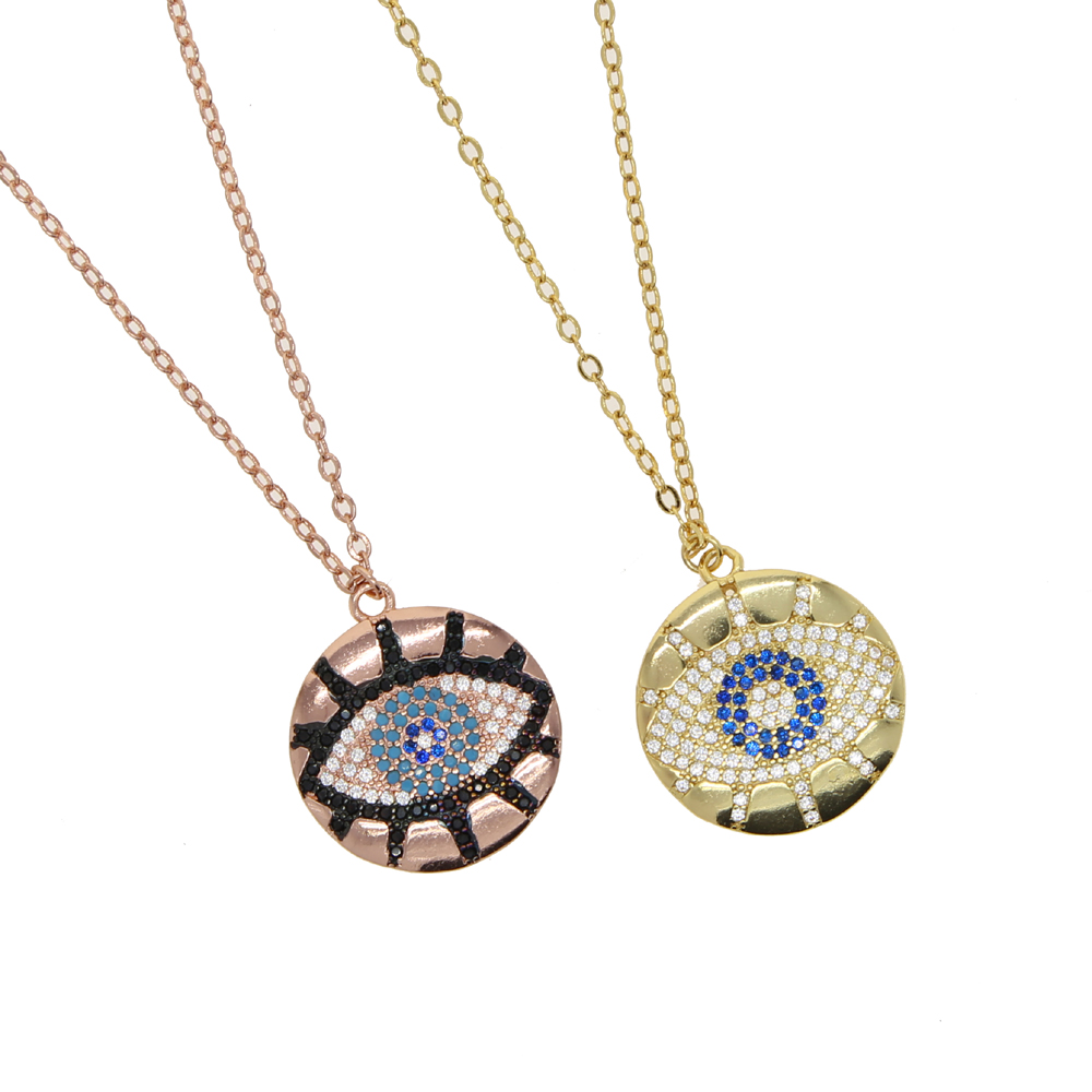 Promotion Rose Gold Geometric Trendy Lady Jewelry Engraved CZ Lucky Turkish Evil Eye Charm Round Coin Pendant Necklace wholesale