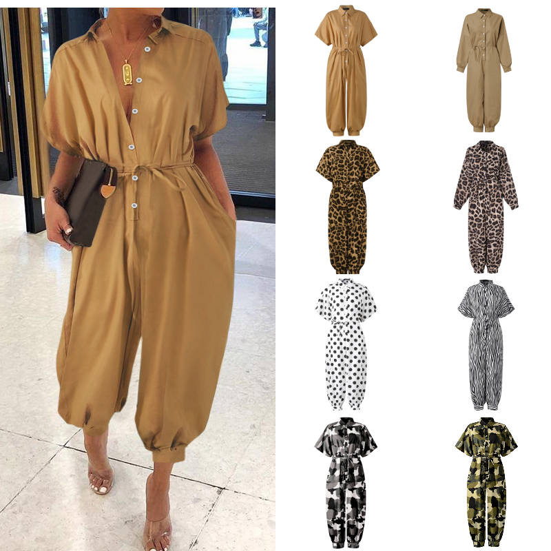 Celmia Women Vintage Jumpsuits Plus Size Short Sleeve Rompers Casual Loose Buttons Cargo Pants Summer Overalls Playsuits 7 201007