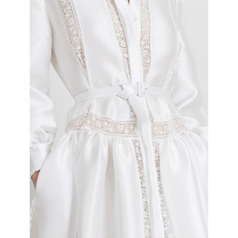Siskakia Fashion White Shirt Dress Satin Lapel Button Lantern Long Sleeve Pleated Ruffle Hem Midi Dress Elegant Lace Patchwork Y0118