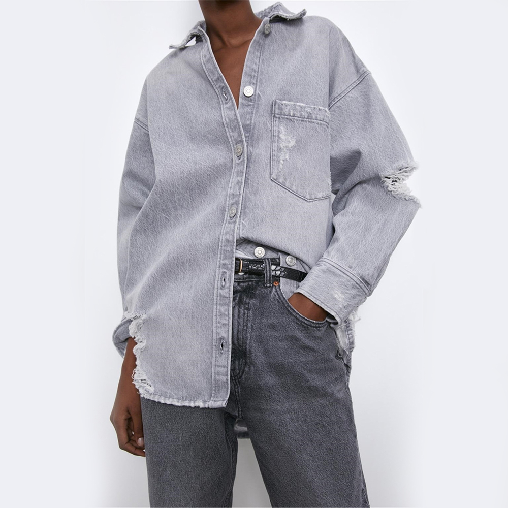 2019 ZA Fashion Women Denim Jacket Casual Coat Hole Manually Worn Out Vintage Loose Shirt Statement Street Autumn Winter New T200828