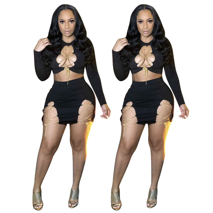 Womens Two Piece Dress Sets Metal Chain Lace Up Hollow Out 2 Piece Club Outfits Long Sleeve Bandage Crop Top and High Waist Mini Skirt Matching Suit, Black
Womens Two Piece Dress Sets Metal Chain Lace Up Hollow Out 2 Piece Club Outfits Long Sleeve Bandage Crop Top and High Waist Mini Skirt Matching Suit, Black