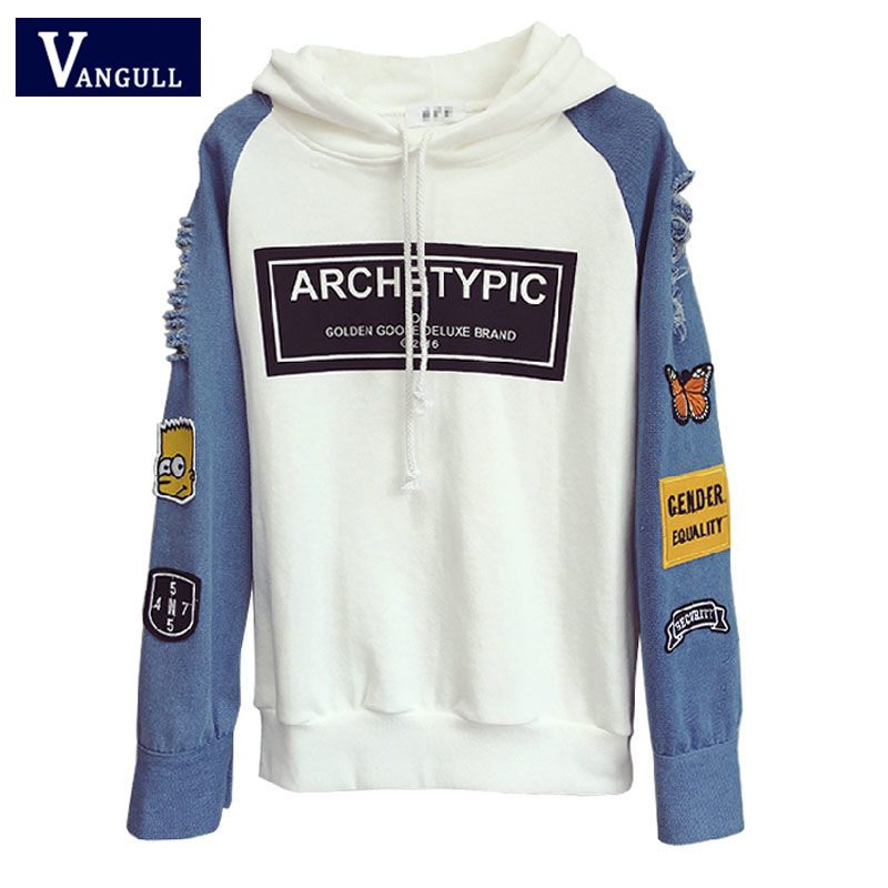 Vangull Harajuku Sweatshirt Women Letter Print Patch Women Hoodies Autumn New Hole Long Sleeve Drawstring Splice Pullovers 201007