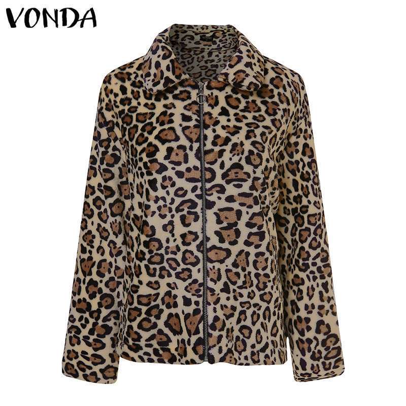 2019 VONDA Women's Fashion Long Sleeve Casual Warm Fleece Jackets Leopard Print Cardigan Oversized Winter Faux Fur Coats Outwear T200111