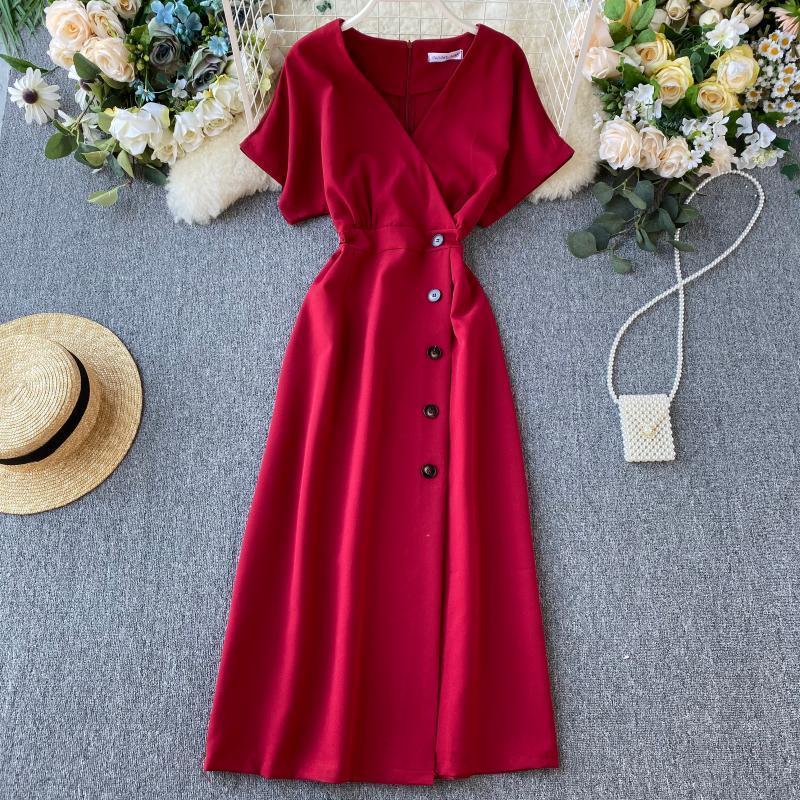 Vintage Slim V Neck Button Dresses Summer Midi Long Dress Vestido De Festa Party Evening Women Casual Elegant Vestidos T200620