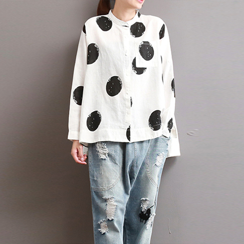 Zanzea Button Down Shirt Stylish Women's Blouse Vintage Cotton Linen Top Polka Dot Blusas Spring Tunic Tops Femme Plus Size Y200930