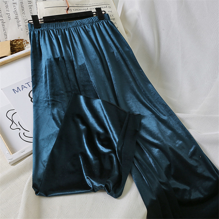 Gowyimmes Vintage Autumn Women Gold Velvet Pants Casual Big Size Wide Leg Pant Autumn Lady Long Trousers High Waist Pants T200223