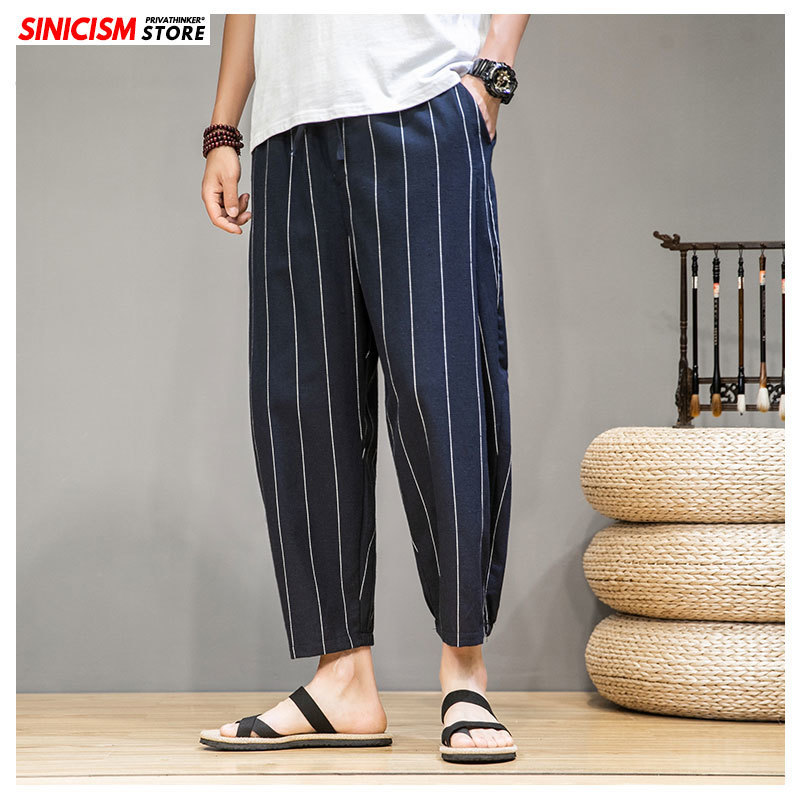 MrGoldenBowl Store Male Striped Cotton Linen Pants Men CalfLength Loose Harem Pants Mens Vintage Casual Trousers Clothing 201110