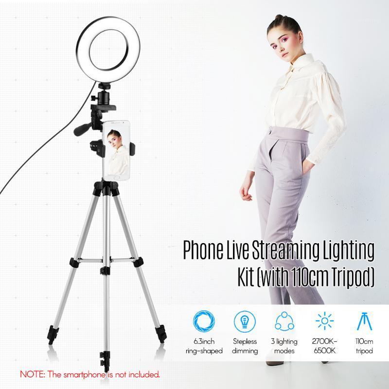 LED Ring Light Phone Live Lighting Kit 6.3inch/16cm 2700K~6500K Bi-color Dimmable Max. Height 110cm Portable Tabletop Tripod1 
LED Ring Light Phone Live Lighting Kit 6.3inch/16cm 2700K~6500K Bi-color Dimmable Max. Height 110cm Portable Tabletop Tripod1