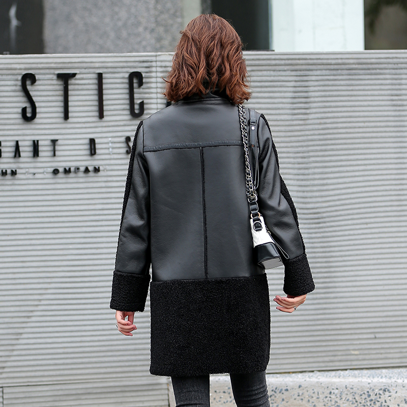 Winter Women Sheepskin Long Coats Thick Eco-leather Lambskin Wool Fur Big Pockets Jackets Splicing Black Motorcycle Outwear 201226