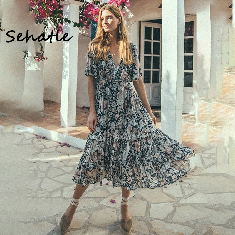 Summer dresses new Sehatle midi bohemian dress casual street beach sexy rob elegant ruffles V-neck boho clothing for women T200604