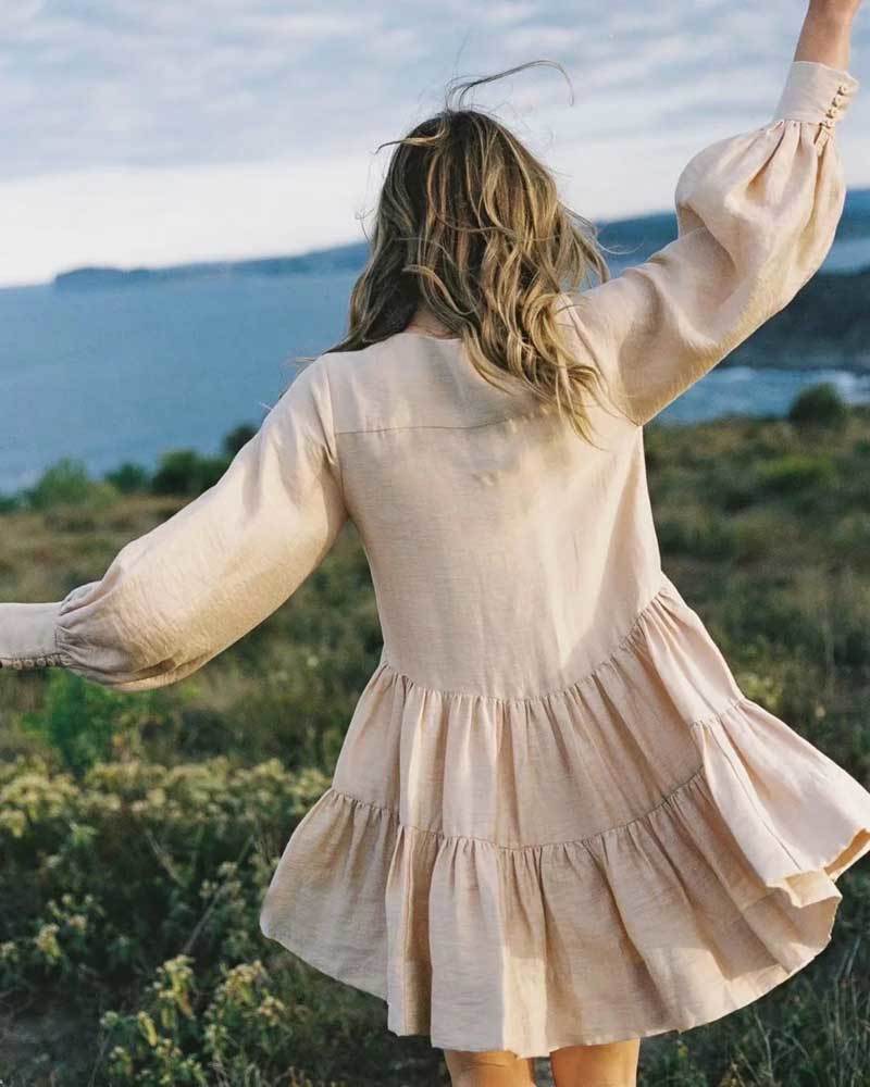 INSPIRED LINEN TUXEDO SHIRT women long Balloon sleeves autumn winter party tiered pleating BOHO DRESS 201127