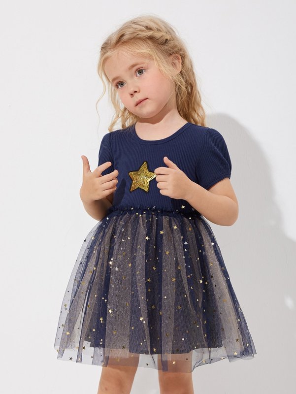 Toddler Girls Star Print Mesh Panel Puff Sleeve Dress SHE