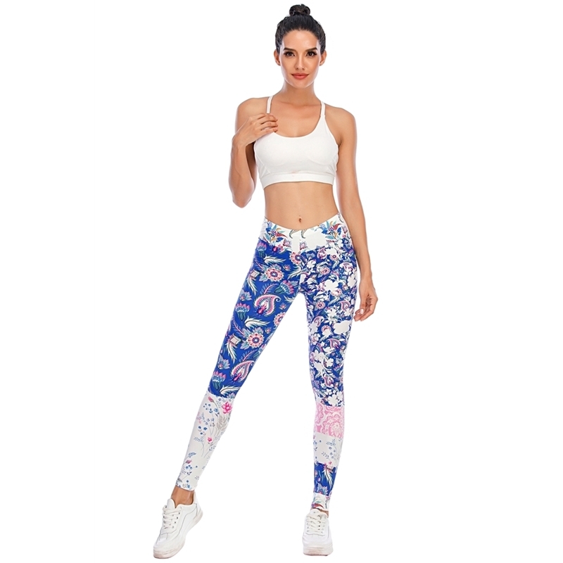 Zohra Sexy Women Blue Floral Stitching Printed Fitness leggins Fashion Slim legins High Waist Leggings Pants 201203
