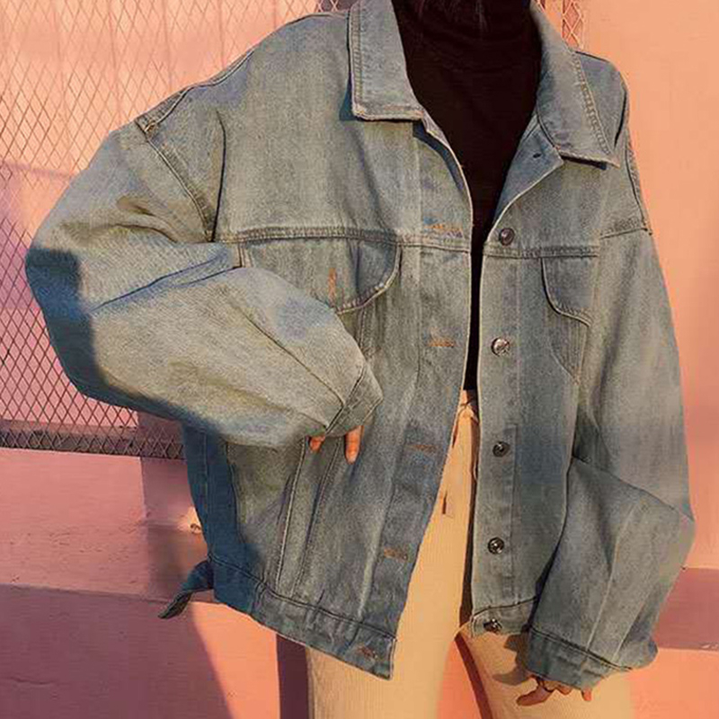 Women's Coat Denim Jacket Vintage Loose Printed Jaqueta Feminina Oversized Jacket Long Sleeve Coat Single Breasted Jackets T200319