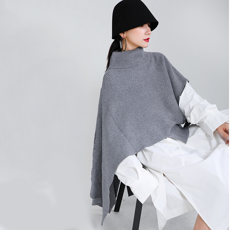 [EAM] Gray Irregular Big Size Knitting Sweater Poncho Loose Turtleneck Long Sleeve Women New Fashion Autumn Winter 2021 1Z868 210203