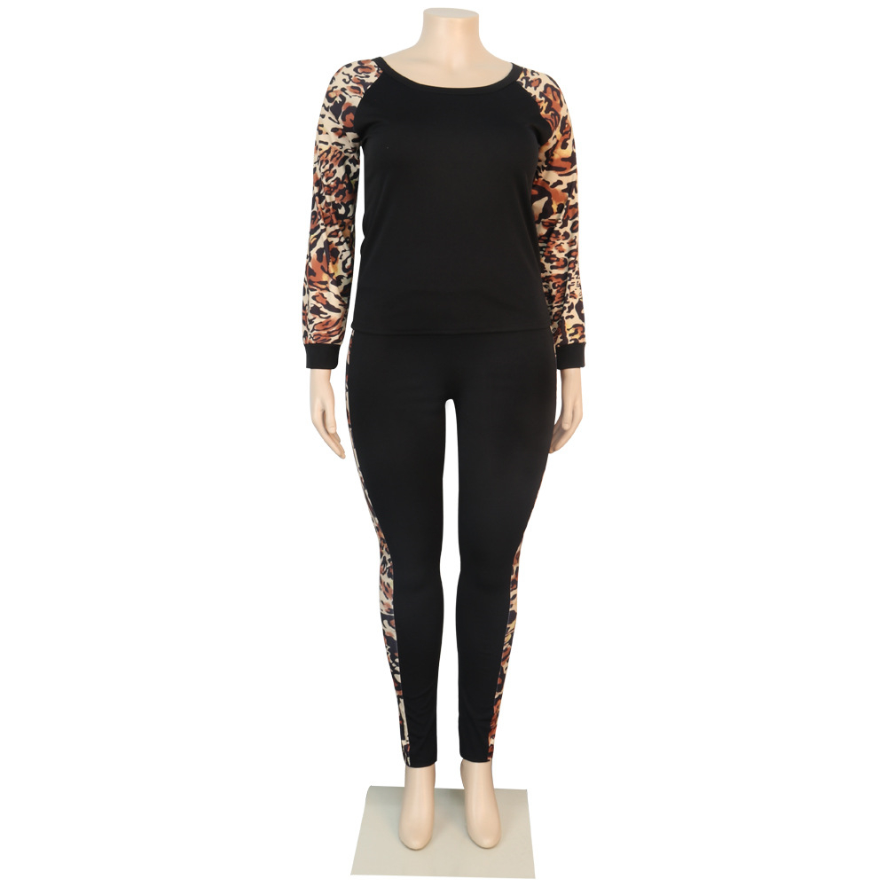 Tsuretobe Plus Size Leopard 2 Piece Set Women Tie Dye Fall Clothes For Women Patchwork Woman Tshirts Woman Pants Bodycon Outfits 201119