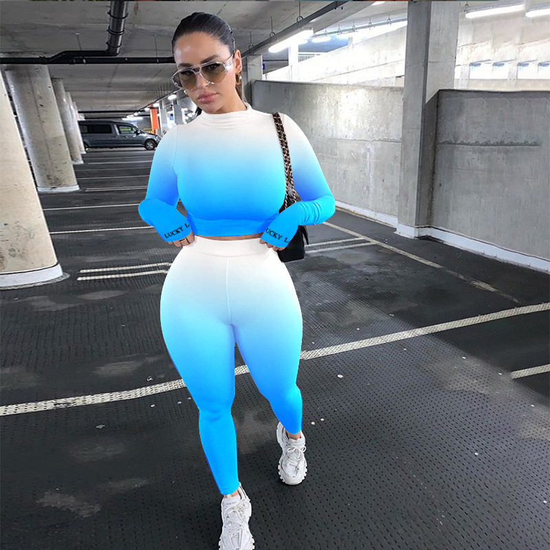 Women Two Piece Set Designer pants Sexy Gradient Long Sleeve T Shirts Tight Trouser Outfits Plus Size Ladies Fashion Casual Clothing Fall