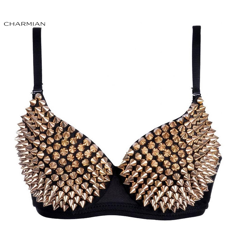 Charmian Women's Gothic Punk Bra Top Sexy Rivets Bra Crop Top Rock Style Party Nightclub Clubwear Corset and Bustiers Y200701, Silver 
Charmian Women's Gothic Punk Bra Top Sexy Rivets Bra Crop Top Rock Style Party Nightclub Clubwear Corset and Bustiers Y200701, Silver