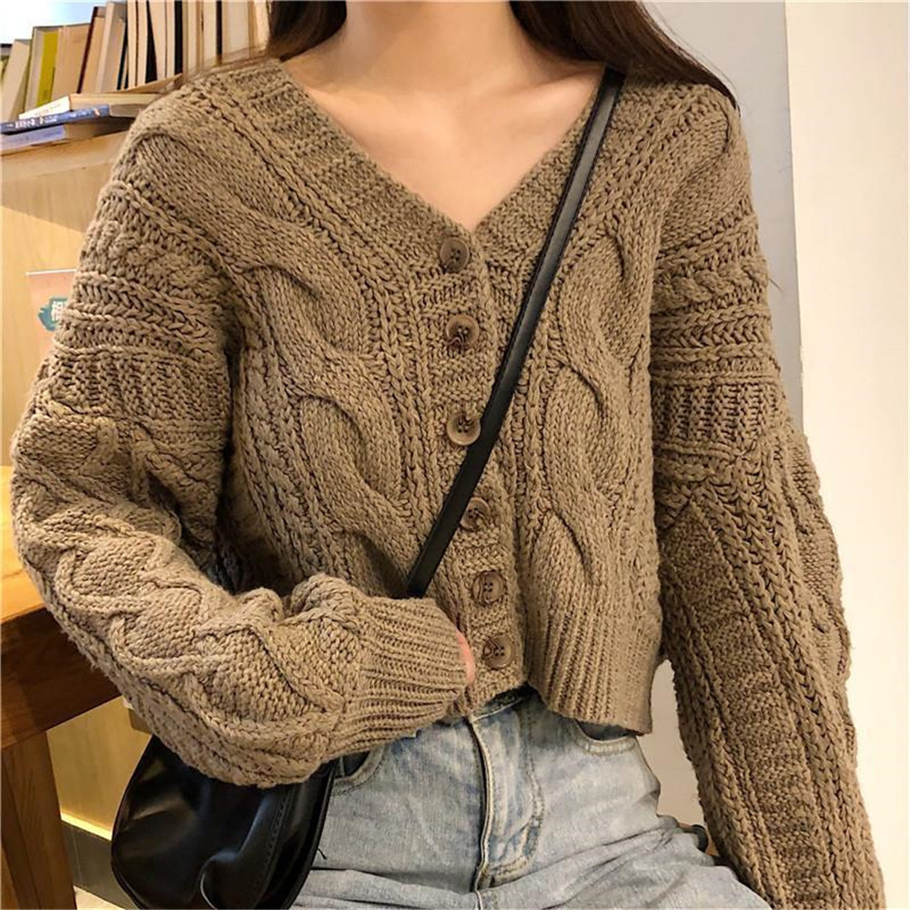 Women Sweater Spring Autumn V-Neck Long Sleeve Black Short Knitted Jacket Solid Simple Warm Cardigan Femme Plus Size jumper 35 201111wtt